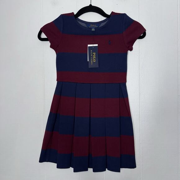 POLO Ralph Lauren Girl’s Striped Pleated Dress Burgundy Navy Size 6 NWT - Picture 1 of 5